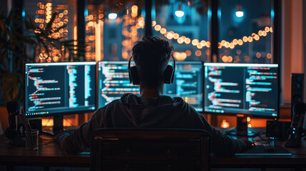 Poster - Person in front of monitor writing programming code. Generative AI.