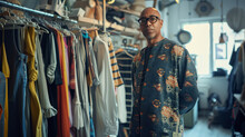 Mature Man In Patterned Robe Shopping, Eclectic Fashion Boutique, Stylish Interior