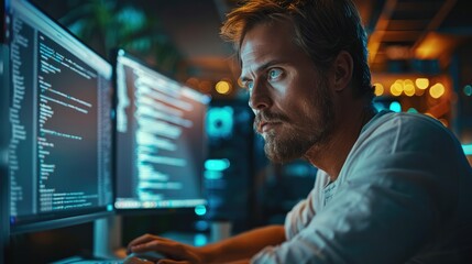 Leinwandbilder - Programmer is programming in front of pc, coding. Generative AI.