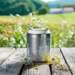 Fresh milk in a can. On a rustic background.