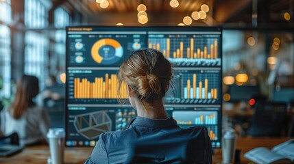 People analyzing business data on a screen in a modern office, business intelligence. Generative AI.