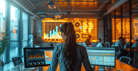Fototapete - People analyzing business data on a screen in a modern office, business intelligence. Generative AI.