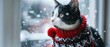 Cute lovely black and white cat wearing christmas style sweater sitting on the window on winter day