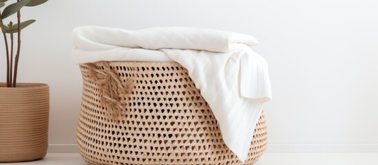 A woven laundry basket sits with a white blanket on top, creating a cozy and stylish addition to a modern boho bohemian room decor.