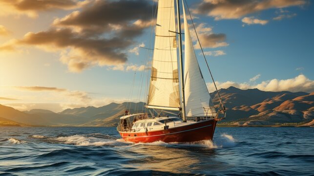 Sailing yacht in the sea at sunset, panoramic view