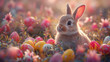 A cute bunny rabbit among colorful easter eggs in a fancy background of a flower yard. Can be used as a postcard image, or poster to celebrate Easter Day.