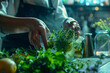 Muddled Magic: Focus on the hands of the bartender as they gently muddle fresh herbs and fruits, releasing bursts of color and aroma in a minimalistic style,