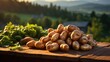 Rustic sack overflowing with potatoes on a wooden table against a hilly,