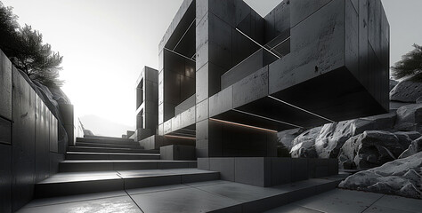 Poster - Very futuristic and architecture dark black facade. Generative AI.