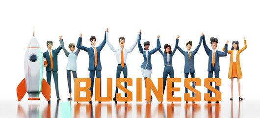 Team of Business people rising hands up as winners and staying next to BUSINESS word, 3D rendering illustration at white with copy space 