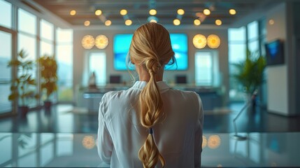 Aufkleber - Rear view. Businesswoman doing presentation in big boardroom. Generative AI.