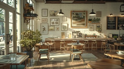 Poster - A very comfortable and comfortable cafe with warm color. Generative AI.