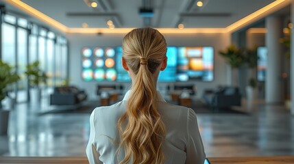 Poster - Rear view. Businesswoman doing presentation in big boardroom. Generative AI.