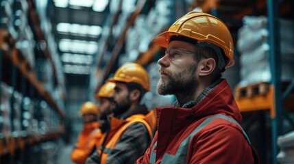 Aufkleber - People in hardhats at training in warehouse. Generative AI.