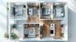 Floor Plan of three bedroom apartment, in the style of aerial view, high detailed, white and gray, sustainable architecture, varying wood grains. Generative AI.