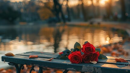 Poster - Red rose flower at sunrise on bench in park by lake. Generative AI.