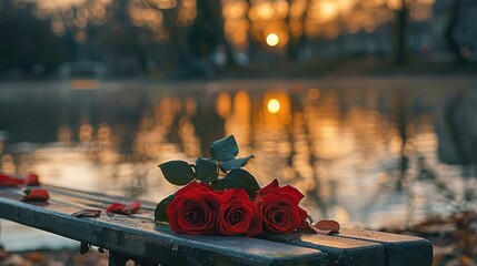 Poster - Red rose flower at sunrise on bench in park by lake. Generative AI.