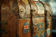 Close-up of a retro leather suitcase adorned with travel stickers, symbolizing a life of adventure and sophistication