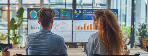 Poster - Office workers discussing dashboard charts. Generative AI.