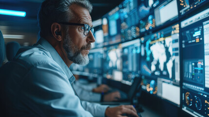 Aufkleber - Team of professionals in a sophisticated monitoring control room, intensely focusing on multiple screens displaying various data. The room is equipped with advanced technological tools. Generative AI.