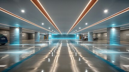 Wall Mural - Interior of basement carpark, Modern contemporary elements, luxury interior elements, modern led strip ceiling. Generative AI.