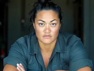 Wall Mural - A multiracial woman wearing a green shirt is making direct eye contact with the camera