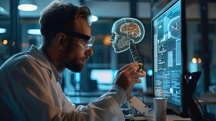 Poster - Man scientist is working on the PC with a artificial intelligence on the screen. Generative AI.