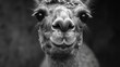 A monochrome portrait of a llama, with a focus on its whimsical facial features and the textured detail of its wool, exuding personality.