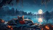Transport yourself to a starry night by a tranquil lake, where a striped cat and a charming puppy lie on a blanket under the twinkling sky, holding knitted red hearts between their paws.

