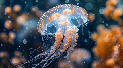 Wall Mural - An ethereal jellyfish with delicate tentacles glides through the ocean, surrounded by a dance of light and bokeh.
