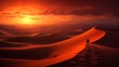 A breathtaking desert sunset casting warm hues across the vast dunes, a lone traveler standing atop a sand ridge, silhouetted against the fading light