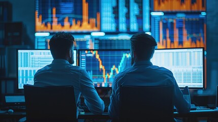 Aufkleber - Men sitting in front of a computers, trading graphs monitors, blue light. Generative AI.