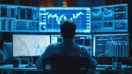 Aufkleber - Men sitting in front of a computers, trading graphs monitors, blue light. Generative AI.