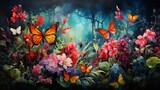 Fototapeta Natura - A mesmerizing painting portraying a dense jungle teeming with life, vibrant birds with iridescent feathers flitting among lush foliage, exotic butterflies dancing around blooming orchids