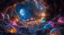 A Mystical Scene Of A Hidden Cave Filled With Glowing Easter Eggs Of Various Sizes And Colors, Guarded By A Mythical Creature With Sparkling Eyes