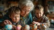 A kindly grandmother with gentle eyes patiently teaching her grandchildren the art of decorating Easter eggs with traditional patterns