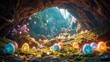 A mystical scene of a hidden cave filled with glowing Easter eggs of various sizes and colors, guarded by a mythical creature with sparkling eyes