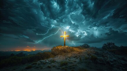 Wall Mural - A dramatic image of a stormy night with flashes of lightning illuminating a lone, illuminated cross on a hilltop