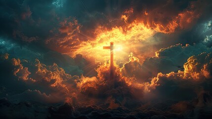 Wall Mural - A dramatic scene with dark clouds parting to reveal a ray of sunlight illuminating a cross, representing the contrast between Good Friday and Easter Sunday