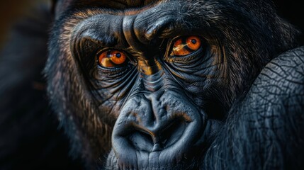 a close-up of a western lowland gorilla with striking orange eyes, showcasing the depth and emotion 