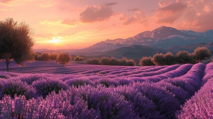 picturesque lavender fields in full bloom at sunset, with golden light casting a warm glow over the 