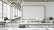 A modern architecture firm office with an empty frame for project highlights, models of buildings, and drafting tables