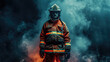 Suited firefighter bravely faces the smoke, a symbol of dedication.