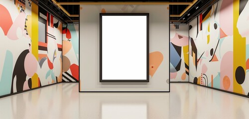 An empty frame in a 3D gallery, with walls adorned with colorful, abstract geometric patterns.