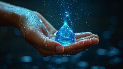 Aufkleber - Modern abstract hand holding drop of water. Low poly style design. Blue geometric background. Wireframe light connections. Isolated  illustration.