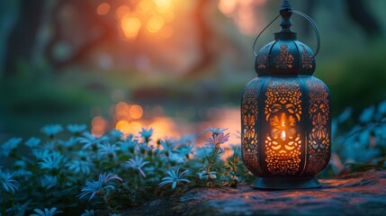 Wall Mural - This picture shows a beautiful image of an Arabic lantern lit by a burning candle during the Muslim holy month of Ramadan Kareem