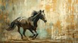 The abstract art background has golden brushstrokes and textured background. Oil on canvas. Modern art. Horses, green, gray, wallpapers, posters, cards, murals, carpets, wall hangings, prints...