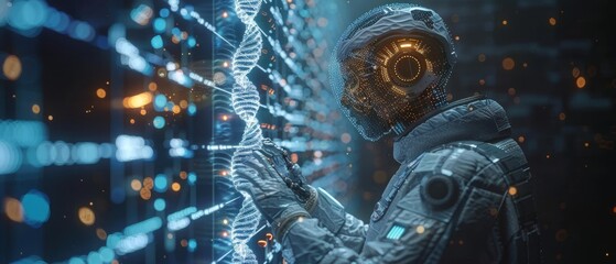 Aufkleber - On a modern virtual interface, a doctor and medical assistant robot analyze and test DNA in a laboratory setting using modern science and technology.