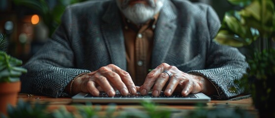 Poster - Detailed close-up of man holding laptop at home. Concept of remote work. Global business network.