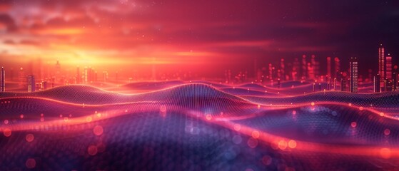 Fototapete - An idea of a smart city dot point connecting with a gradient grid line. An idea of a connection technology metaverse. A night city banner with big data.